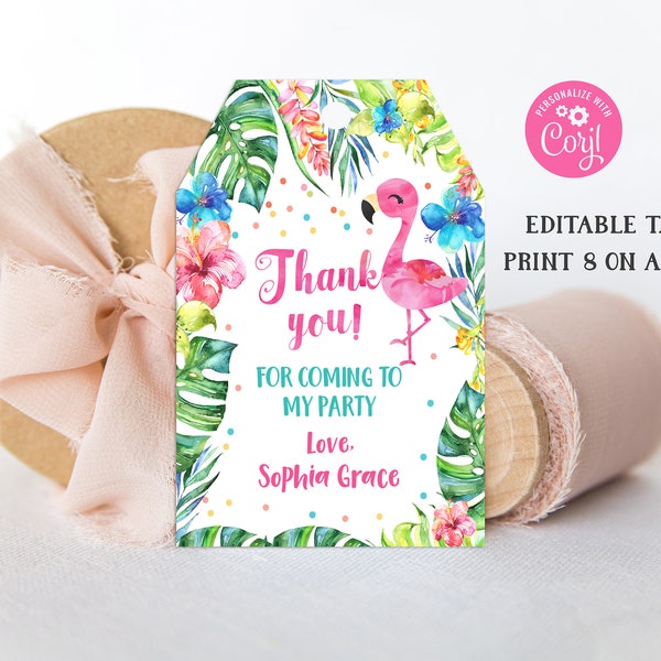 EDITIERBARE Flamingo Geburtstagsgeschenk Tag Flamingo Pool Party Danke Tag Flamingo Favor Tag Tropical Birthday Party Favors DRUCKBARER DOWNLOAD