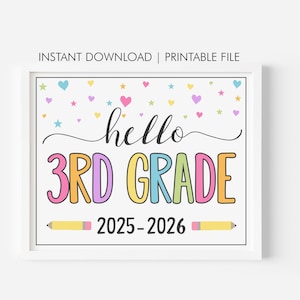Girl First Day of 3rd Grade Sign, First Day of Third School Sign Back to School Hello 3rd Grade Sign Printable Photo Prop Instant Download