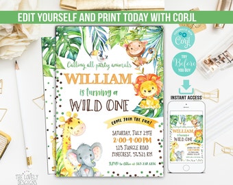 Jungle Wild One Invitation INSTANT DOWNLOAD edit yourself,Safari Birthday, Wild One EDITABLE Invitation, Jungle Birthday, Printable