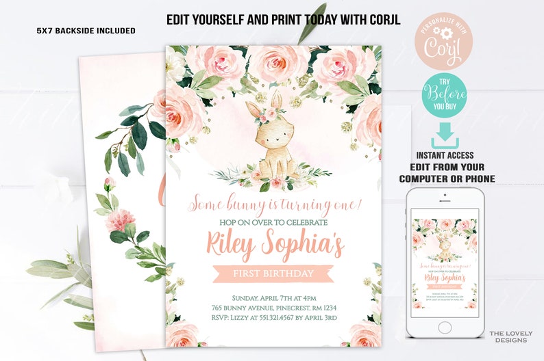 May include: A pink and green floral first birthday invitation featuring a bunny rabbit illustration. The invitation reads "Some bunny is turning one!" and "Riley Sophia's First Birthday".