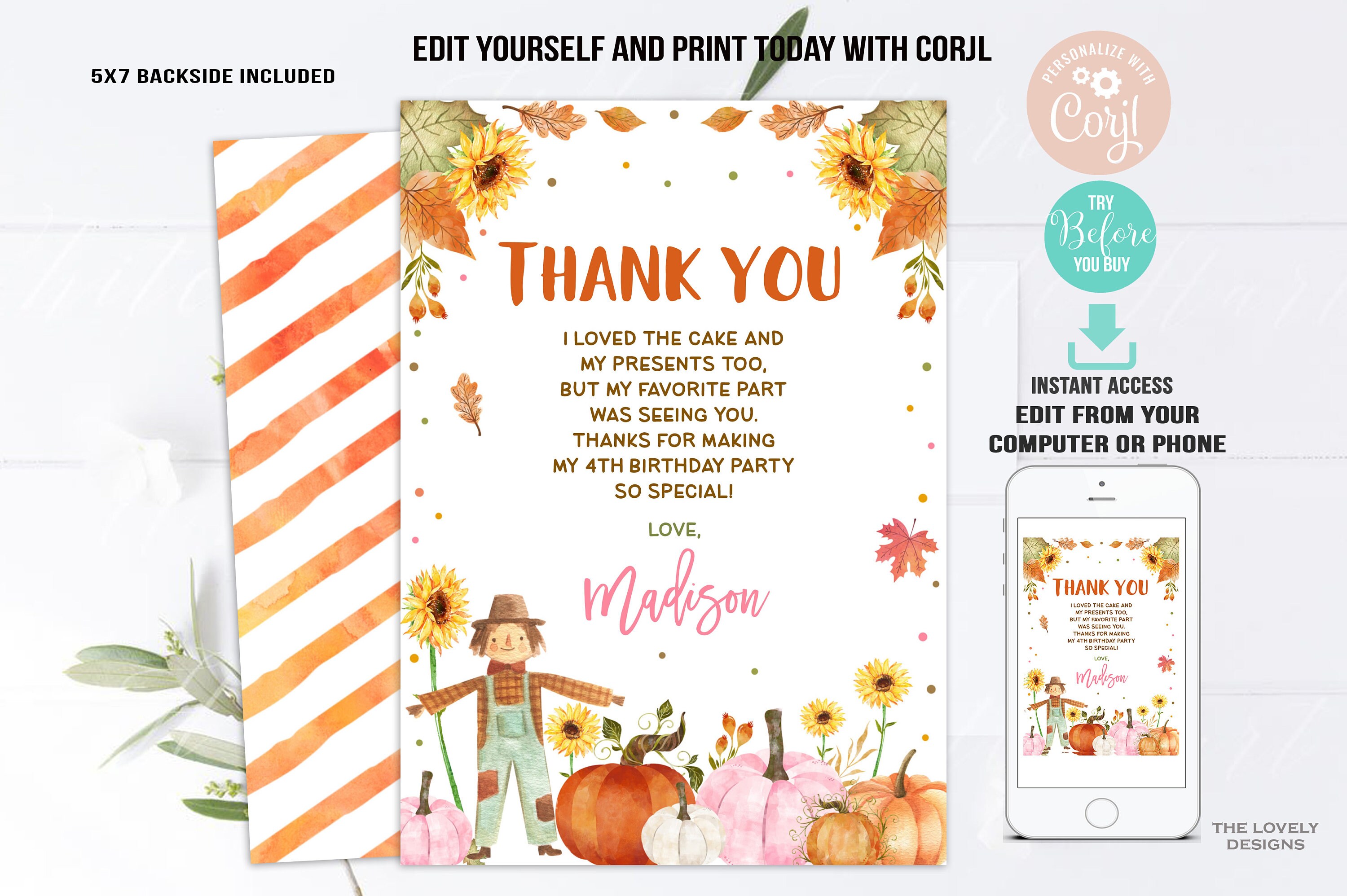 EDITABLE Thank You Card Pumpkin Girl Birthday Scarecrow Sunflowers Pink ...