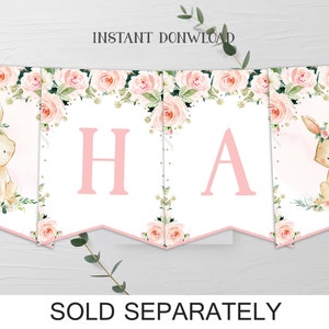 May include: A pink and white banner with the letters H and A, decorated with floral designs and images of bunnies wearing flower crowns. The banner says "Sold Separately".