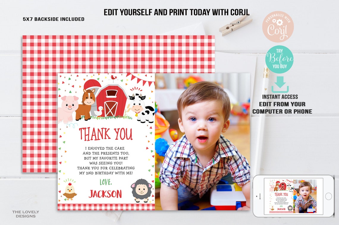 EDITABLE Farm Thank You Card With Photo Farm Birthday Party Farm Red ...