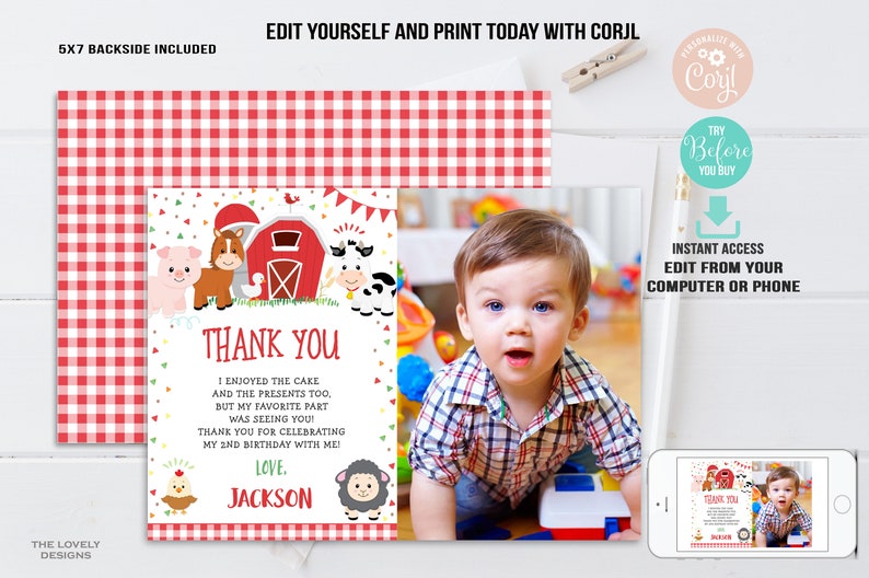 EDITABLE Farm Thank You Card With Photo Farm Birthday Party Farm Red ...