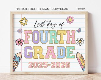 Letrero de último día de 4.º grado, Letrero de último día de 4.º grado, Accesorio fotográfico de descarga instantánea, Póster de último día de clases, Preppy Varsity imprimible
