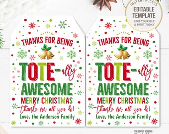 クリスマストートバッグギフトタグ トートバッグをご利用いただきありがとうございます。素晴らしい再利用可能なバッグ。ホリデー感謝ギフト。スタッフ従業員学校PTO編集可能なタグ。