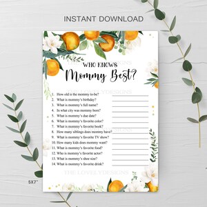 Oranje Wie kent mama Beste spel Klein schatje Babyshowerspel Oranje Clementine Een klein schatje onderweg Doucheactiviteit INSTANT DOWNLOAD