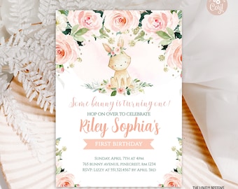 Bunny Birthday invitation Some bunny is turning one Birthday invitation Pink Floral Spring Rabbit Birthday Invite Editable DOWNLOAD BPF4
