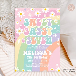 Sweet Sassy and Seven Daisy Editable Groovy 7th Birthday Invitation Rainbow Pink Purple Mint Hippie 70's Party Vibes PRINTABLE DOWNLOAD GRP8
