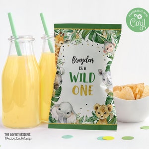 EDITABLE Wild One Chip Bag Wrapper Jungle 1st Birthday Party Jungle Boy Chip Bag Favors Safari Animals Neutral Jungle  PRINTABLE DOWNLOAD