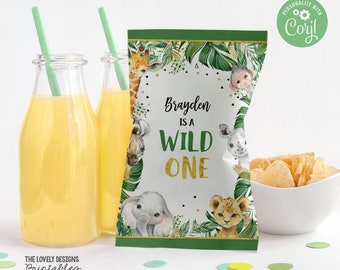 Involucro per sacchetti di patatine Wild One modificabile Jungle Festa del 1° compleanno Jungle Boy Bomboniere per sacchetti di patatine Animali del safari Giungla neutra DOWNLOAD STAMPABILE