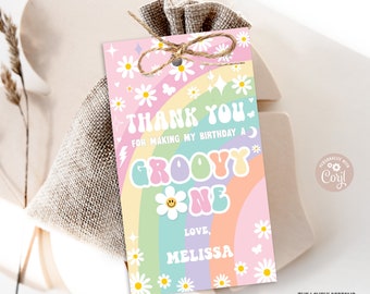 Gänseblümchen Groovy One Geschenkanhänger Groovy 1. Geburtstag Regenbogen Pink Lila Mint Retro Hippie 70er Jahre 70s Party Favor Tag PRINTABLE DOWNLOAD GRP8