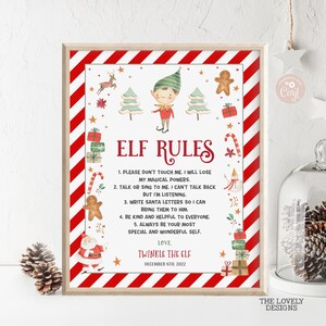 Señal de reglas de elfo editables Reglas de llegada de elfos Cartas Señal de no tocar al elfo Reglas a seguir Regreso del niño elfo Señal navideña roja IMPRIMIBLE DESCARGAR