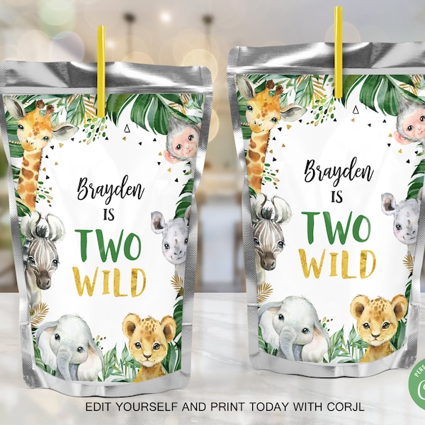 EDITABLE Jungle Two Wild Juice Pouch Label Jungle Boy 2nd Birthday Party Jungle Juice Bags Safari Animals Zoo Label PRINTABLE DOWNLOAD