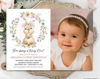 May include: A birthday invitation featuring a watercolor illustration of a bunny surrounded by a floral wreath. The text reads "Some bunny is turning One!" and includes event details. A photo of a baby girl wearing a pearl headband is on the right.