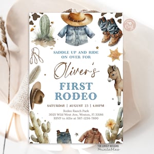 Cowboy eerste rodeo-uitnodiging Cowboy 1e verjaardag Country Western Ranch Old Wild West nodigt uit voor mijn 1e rodeo-feest afdrukbare sjabloon bewerkbare
