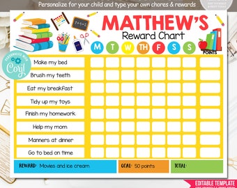 May include: A yellow and white printable reward chart for kids with the name Matthew. The chart has a grid with spaces for each day of the week and a list of chores like "Make my bed", "Brush my teeth", and "Eat my breakfast". The reward is "Movies and ice cream" and the goal is 50 points.