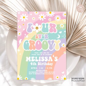 Four Ever Groovy 4th Birthday Invitation: Retro Hippie Daisy (Printable Download)