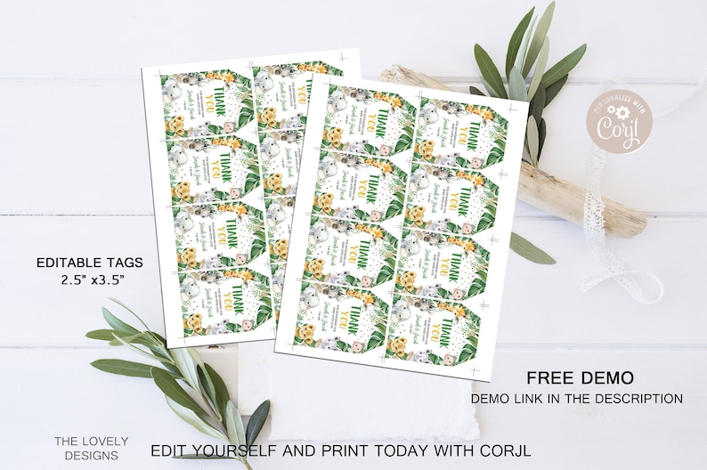 EDITABLE Jungle Gift Tag Baby Shower Safari Animals Tag Jungle - Etsy