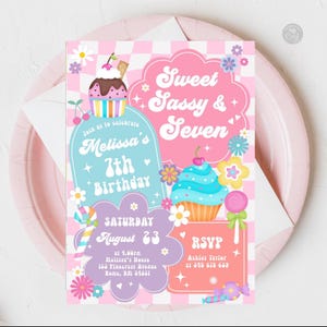 Invitación editable de cumpleaños para niña, dulce, atrevida y de siete años, con dulces, pasteles, postres, donas, helados, invitación para el séptimo cumpleaños, descarga imprimible