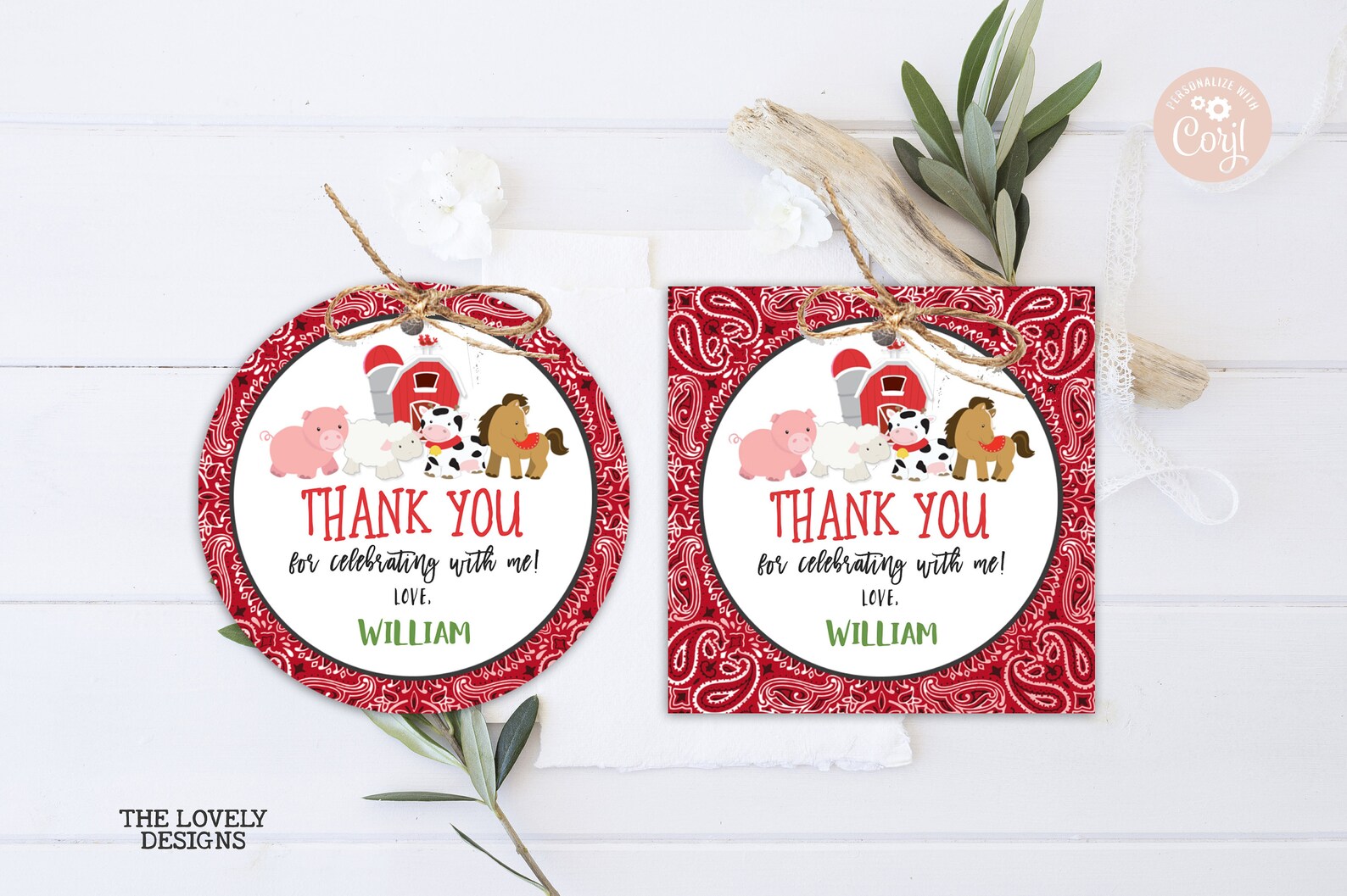 EDITABLE Farm Favor Round Tag Farm Birthday Gift Tag Farm Red - Etsy
