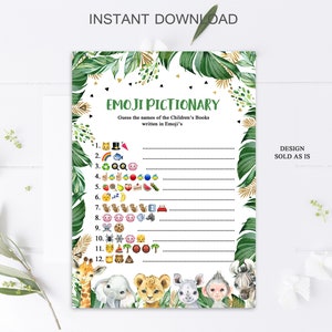Jungle Emoji Pictionary Game Jungle Baby Shower Children&#39;s Books Emoji Game Neutral Safari Animals Zoo Baby Shower Activity INSTANT DOWNLOAD