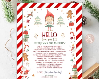 May include: A printable Christmas elf arrival letter with a watercolor illustration of a girl elf. The letter is addressed to Emma and Matthew and includes the text "Hello from your Elf" and "Love, Twinkle the Elf". The letter is decorated with candy canes, presents, and other Christmas imagery.