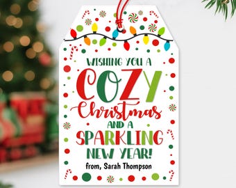 Etiquette douillette de Noël et du Nouvel An pour une couverture floue Jeté Etiquette cadeau Vin Champagne Cidre Panier des Fêtes Chaussettes Écharpe Gants Imprimable