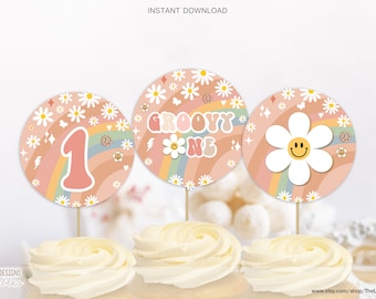 Groovy One 1st Birthday Cupcake Toppers: Retro Rainbow Daisy (Digital Download)