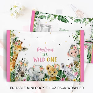 BEWERKBARE Wild One Mini Cookies Wrapper Jungle Girl Verjaardag Treats Party Gunsten Safari Sandwich Cookie Oreo 1 oz Bag PRINTALE DOWNLOAD