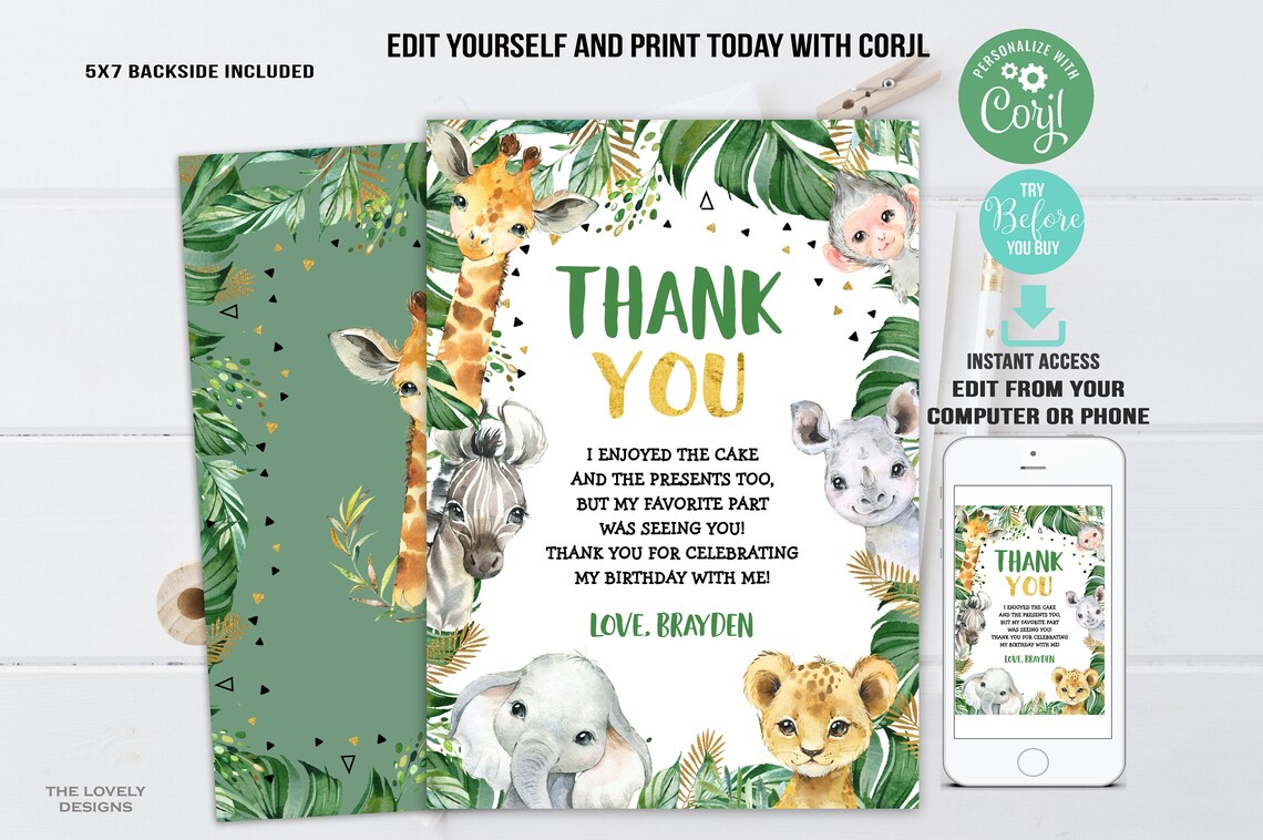 EDITABLE Jungle Thank You Card Jungle Birthday Party Cards Etsy