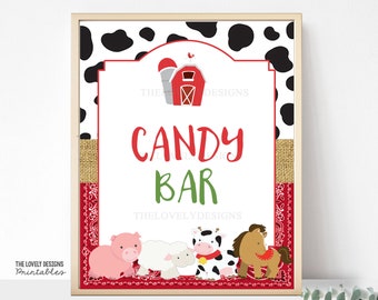 Op de afbeelding: Printbare poster voor een snoepbar met een rode schuur, een koe, een varken, een schaap en een paard. Het bord zegt "Candy Bar" met een rood-wit geruite rand.