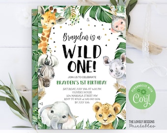 Boy Jungle Wild One 1er cumpleaños invitación Safari Wild One invitación selva jirafa elefante negro blanco EDITABLE Corjl Descarga instantánea