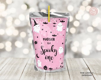 bearbeitbar gruseliger Saft Beutel Label Halloween rosa Geist 1. Geburtstag Spooktacular Halloween Party Juice Bags DRUCKBARE DOWNLOAD HPB14