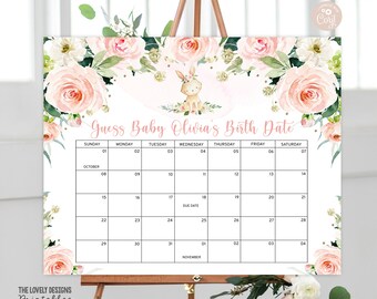 May include: A white printable calendar with pink floral borders and a pink bunny illustration. The calendar is for a baby shower game to guess the baby's birth date. The text on the calendar says "Guess Baby Olivia's Birth Date".