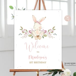 EDITIERBARE Kaninchen Willkommensschild Bunny Pink Floral Frühling Kaninchen Osterhase Geburtstag Mädchen Party Schild Some Bunny is One PRINTABLE DOWNLOAD SBF7
