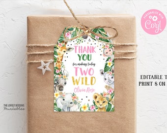 EDITABLE Two Wild Jungle Favor Tag Birthday Jungle Girl Birthday Safari Zoo Animals Thank You Tag Jungle 2nd Birthday Tag PRINTABLE DOWNLOAD