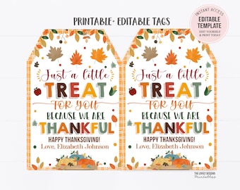 Può includere: Due etichette regalo stampabili del Ringraziamento con un tema autunnale. Le etichette presentano uno sfondo bianco con testo arancione, rosso, verde e marrone che dice "Just a little treat for you because we are thankful. Happy Thanksgiving! Love, Elizabeth Johnson". Le etichette sono decorate con foglie autunnali, zucche e mais.