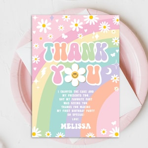 EDITIERBARE Groovy Dankeskarte Zwei Groovy Ein Geburtstag Regenbogen Gänseblümchen Rosa Lila Minze Retro Hippie 70er Jahre Party Vibe DRUCKBARE DOWNLOAD GRP8