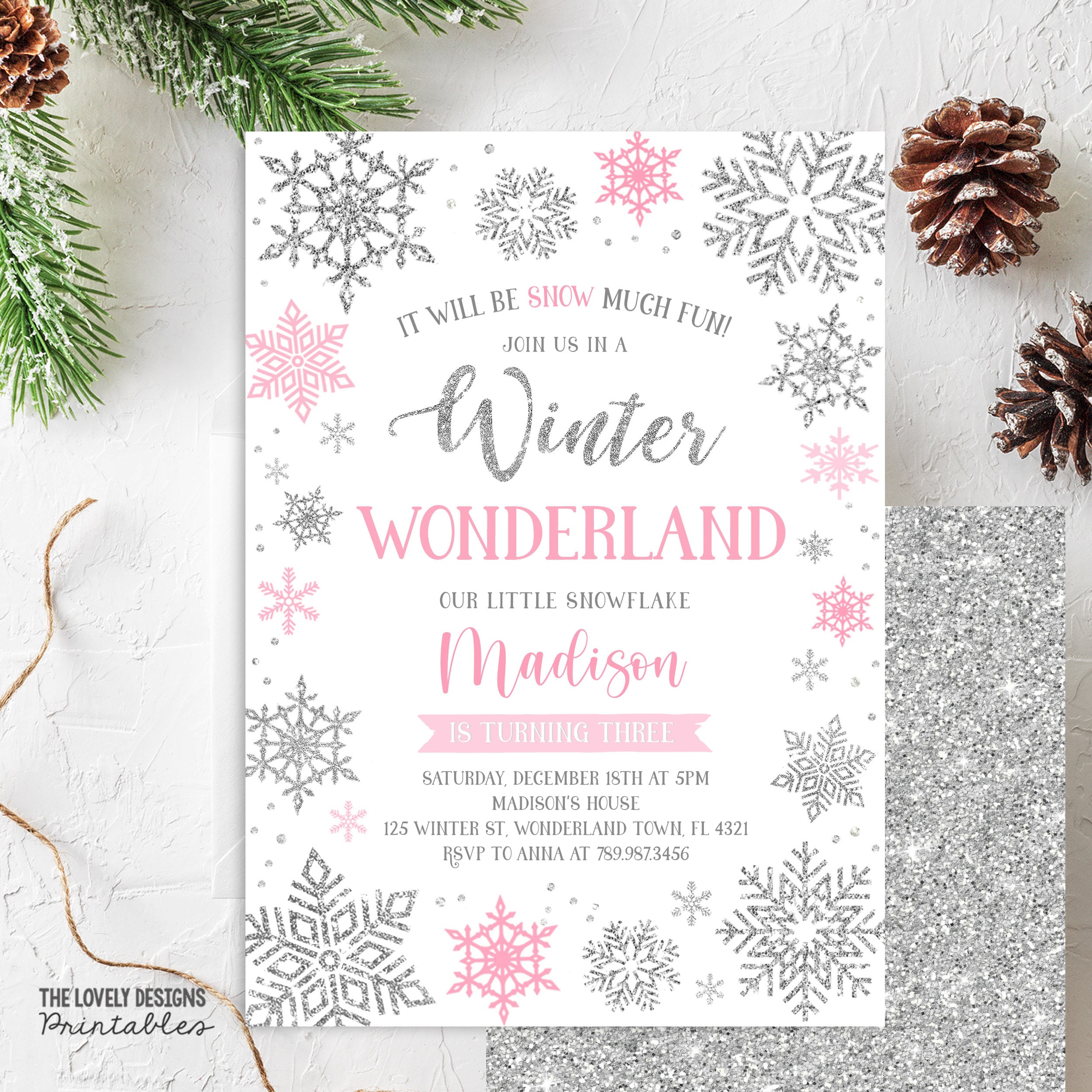 editable winter wonderland baby shower invitation pink & silver
