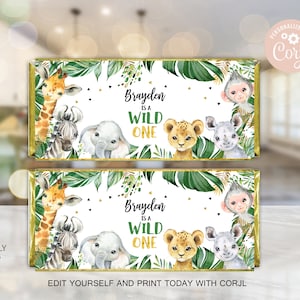 Jungle Wild One Candy Bar Wrapper: Safari Animals Birthday (PRINTABLE DOWNLOAD)