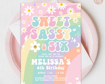 Peut inclure: Une invitation colorée pour une fête d'anniversaire de 6 ans avec un arc-en-ciel, des marguerites et le texte "Sweet Sassy & Six" dans une police rétro. L'invitation comprend le nom "Melissa's" et la date "Avril | 23 | 17h".