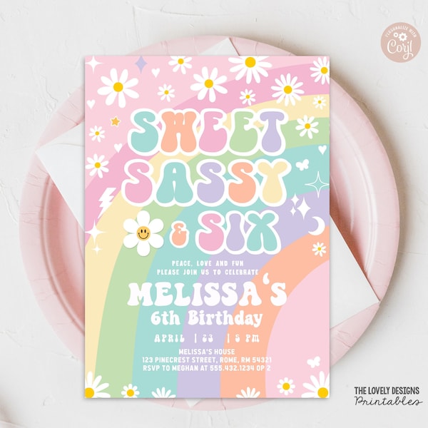 EDITABLE Sweet Sassy and Six Daisy Groovy 6th Birthday Invitation Rainbow Pink Purple Mint Hippie 70's Party Vibes PRINTABLE DOWNLOAD GRP8