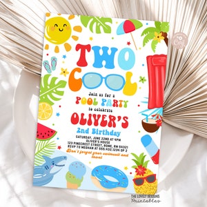 May include: A colorful invitation for a pool party to celebrate Oliver's 2nd birthday. The invitation features a sun, sunglasses, a pool float, a pineapple, a watermelon, a shark, a donut, and ice cream. The text on the invitation reads "Two Cool Pool Party to celebrate Oliver's 2nd Birthday".
