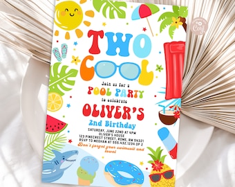 Two Cool 2th Birthday Pool Party Editable Invitation Summer Splish Splash Tropical Swimming Splash Pad Party Instant Download PCB