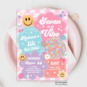 Editable Seven is a Vibe Checkered Smile Face Invitation Retro Groovy 7th Birthday Emoji Invitation Hippie Disco Party PRINTABLE DOWNLOAD