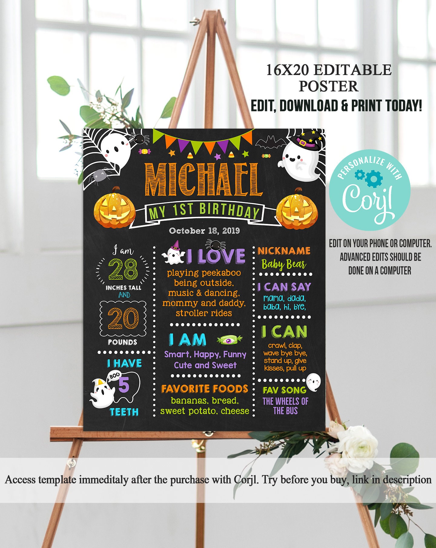Halloween First Birthday Chalkboard Poster Halloween Birthday Etsy