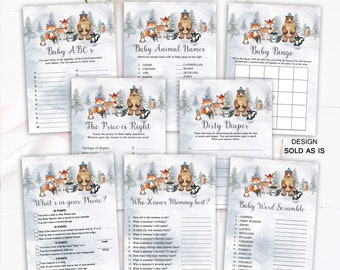 May include: Printable baby shower game cards featuring woodland animal illustrations. The games include Baby ABC's, Baby Animal Names, Baby Bingo, The Price is Right, Dirty Diaper, What's in Your Phone?, Who Knows Mommy Best?, and Baby Word Scramble.