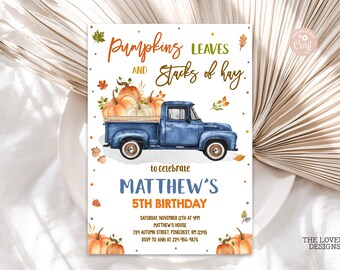 Bewerkbare pompoen vrachtwagen blauwe verjaardagsuitnodiging pompoen patch uitnodiging herfst pompoen oogst Thanksgiving uitnodiging AFDRUKBARE DOWNLOAD