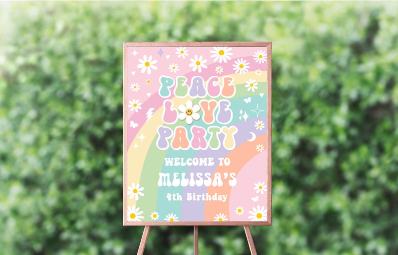 Peace Sign Party Peace Love Party Welcome Sign Editable Daisy Groovy Birthday Rainbow ...